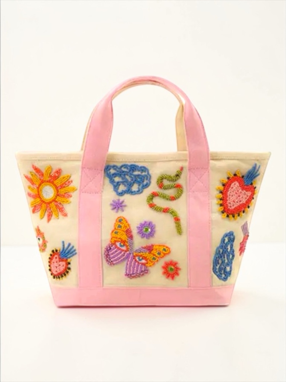 America & Beyond Embroidered Butterfly Floral Beaded Tote Canvas Bag NWT